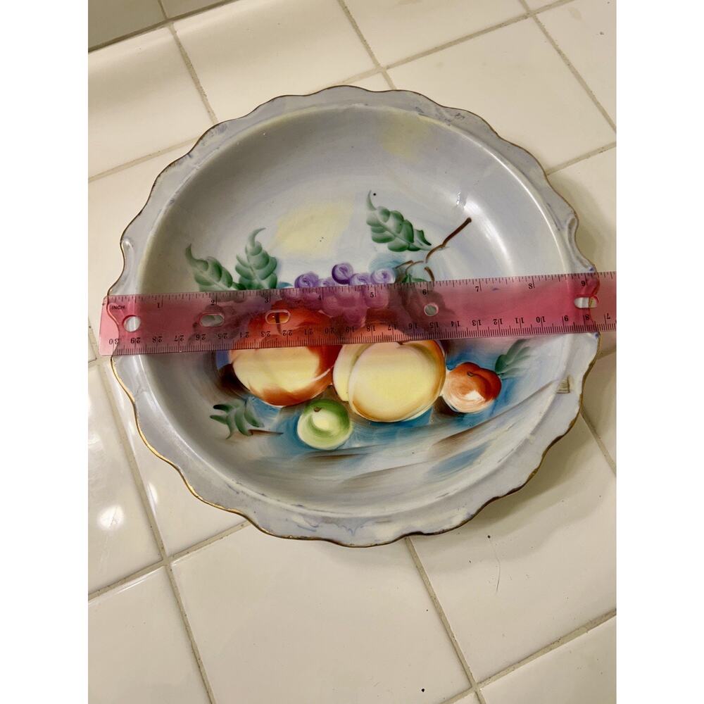 Vintage Hand Painted Plate "Mixed Fruit" Blue With Scalloped Edge & Gold Trim 9” - Picture 8 of 8